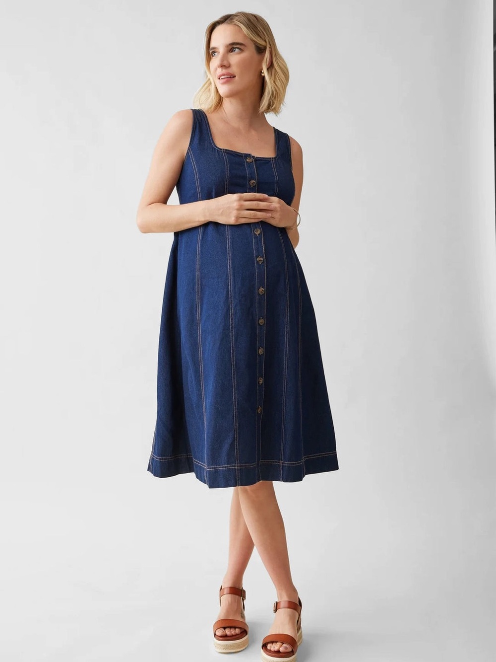 Ingrid + Isabel The Thursday Denim Maternity Midi Dress Button Down Size M EUC